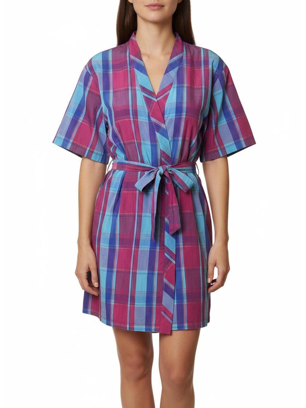Vintage Judith Hart Madras Plaid Robe Pink Blue Short Sleeve Pockets Size Medium